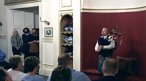 Award winning Scottish Bagpiper Stuart Liddell from Inveraray, Argyll, finishing his encore during at concert at historic Delgatie Castle. This was a special concert to help raise funds for this historic property near Turriff, Aberdeenshire, Scotland, which dates back to 1030. The Castle is the seat of Clan Hay and is where Mary Queen of Scots stayed in 1562 after the battle of Corrichie. The concert was arranged thanks to the support of Lady Jane MacRae of Clan Hay Society and the tunes are "Tr