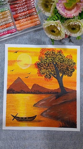 Sunset Village Scenery Drawing 🌅 | Easy Oil Pastel Art for Beginners