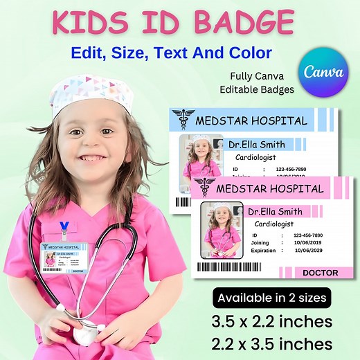Kids Doctor ID Name Badge | Doctor Badge | Nurse Name Badge | Medical ID Badge Editable | Doctor Badge Pretend Play | ID Card Template - Etsy