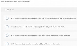 What do the credit terms, 2/15, n/30, mean?Multiple ChoiceA... | Filo