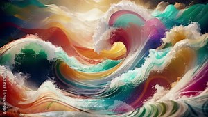 Colorful Designer Waves in Motion 4K Loop features an A.I. generated video of abstract colorful illustrated ocean waves moving subtly in a loop.