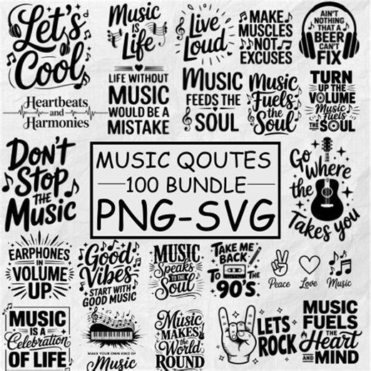 Music Quotes SVG PNG Bundle 100 Designs, Music Lover Typography Quotes, Cricut Cut Files, Silhouette, Printable Music Art, Digital Download - Etsy
