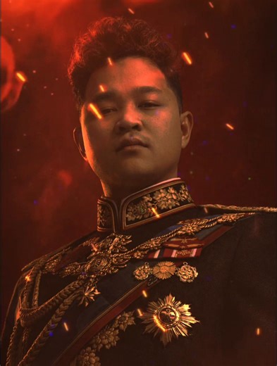 Depict me wearing the costume of Emperor Hirohito from Japanese history, incorporating the clothing design seen in Mobile Legends. Create his signature pose with a sense of quiet dominance and sculptural elegance. The image is captured from a slightly low, upward-facing angle to dramatize the jawline and neck. The background is a deep, saturated crimson red, creating a bold contrast with luminous skin and a dark, highly detailed wardrobe. Lighting is stark and cinematic, tightly directional, cas