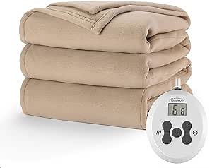 Sunbeam Royal Ultra Fleece Heated Electric Blanket Twin Size, 84" x 62", 12 Heat Settings, 12-Hour Selectable Auto Shut-Off, Fast Heating, Machine Washable, Warm and Cozy, Mushroom