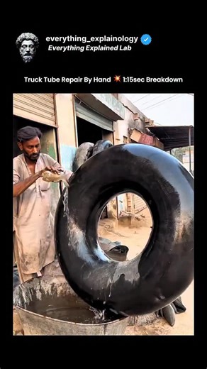 Everything Explained Lab | The post features a 1:15-second TikTok video showing a skilled worker repairing a damaged truck inner tube using manual techniques on the... | Instagram