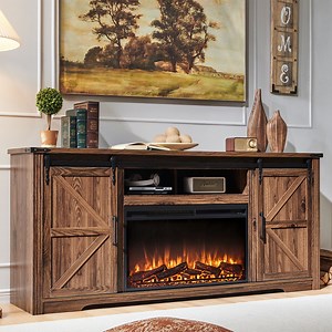 T4TREAM Farmhouse 70" Fireplace TV Stand for TVs up to 80", Highboy Entertainment Center with 30" Electric Fireplace, Reclaimed Barnwood