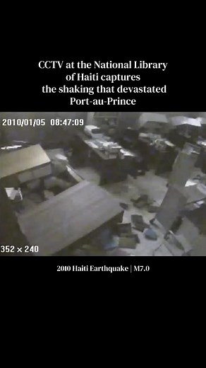 CCTV footage from the National Library of Haiti captures the moment the devastating 2010 Haiti earthquake struck. The shallow magnitude 7.0 earthquake killed 220,000 people, injured more than 300,000, and left over 1 million homeless. Inside Haiti’s National Library, the building survives, but violent shaking collapses bookshelves and overturns heavy furniture. #Haiti #Earthquake #2010 #History #Books