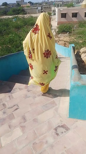 Woman in Traditional Dress Climbing Stairs in Nature