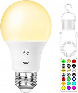 LED Rechargeable Light Bulbs with Remote ＆ Touch Dimmable, E26 Battery Operated Light Bulb for Lamps, RGB 12 Colors, 2600mAh USB Battery Backup Light Bulb with Timer, A19 Small Light Bulbs 1 Pack