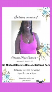 Ronetta Pope-Charles | Funeral Announcement #ObituariesSVG #Burial #SVG #StVincent #stvincentandthegrenadines🇻🇨 | Obituaries SVG
