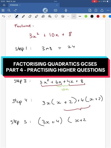 Practising higher paper GCSE factorising quadratics questions - Part 4 #GCSEMATHS #FACTORISING #QUADRATICS #STUDY #EXAMSEASON