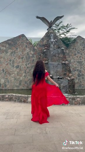 Graceful Movements in a Red Dress by a Fountain