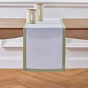 Solino Home Linen Table Runner 48 Inches - 100% Pure Linen Sage Green and White Table Runner 14 x 48 Inch Ideal for Dresser and Coffee Tables - Winter, Christmas - Classic