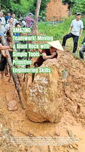 AMAZING Teamwork! Moving a Giant Rock with Simple Tools – Primitive Engineering Skills #short