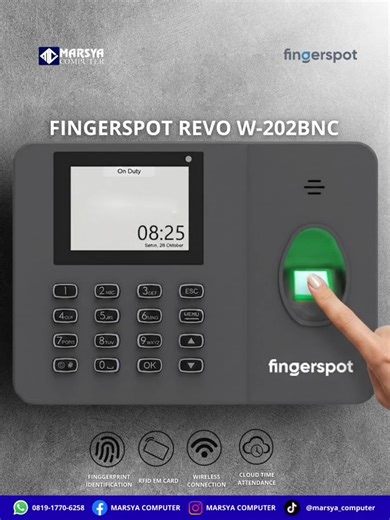 Absensi Anti Ribet dengan Fingerspot Revo W-202BNC! ✨ Gak perlu pusing lagi tarik data manual. Dengan fitur Wireless dan Cloud, semua data absensi langsung terintegrasi secara real-time. Cocok banget buat kamu yang punya mobilitas tinggi tapi tetap ingin kontrol penuh pada tim. Kenapa pilih ini? Bisa pakai sidik jari atau kartu. Koneksi WiFi (Wireless). Laporan absensi bisa diakses via Cloud. Langsung DM kami ya! 📥 #MarsyaComputer #Fingerspot #AbsensiFingerprint #SolusiKantor #TeknologiAbsensi 