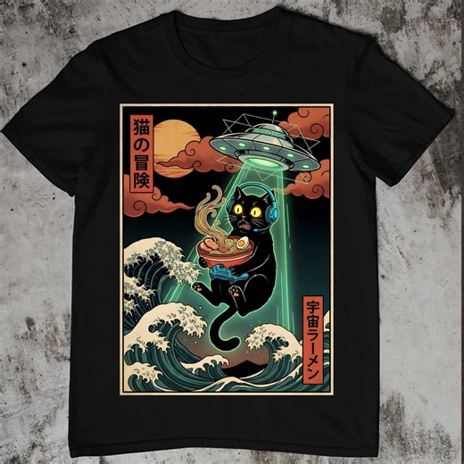 Alien Cat Ramen PNG, Japanese Wave UFO Sublimation Design, Gamer Cat Graphic, Anime Style Funny Cat Art - Etsy