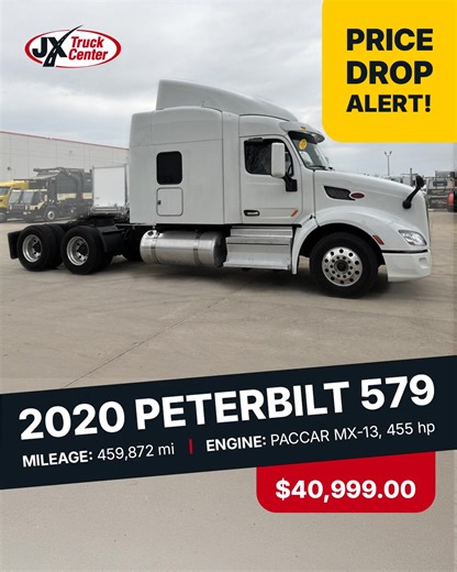 1.2K views | PRICE DROP ALERT! 2020 Peterbilt 579 Stock: 8679432 Looking for a deal on your next Pete? Look no further! This 579 is complete with a PACCAR MX-13, air suspension, high roof, and a double bunk. Check it out here: https://vist.ly/4ab4c #jxtc #jxtruckcenter #peterbilt #paccar #paccarmx-13 #trucking #peterbilt579 | JX Truck Center | Facebook