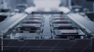 Close-up of Advanced Computer Chips on Tray on Automated Conveyor at Electronics Factory. Microchip Manufacturing Facility. Computer Processor Production Process.