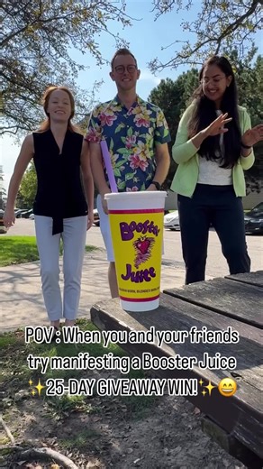 💛🥳 Our 25 Days of Giveaways to celebrate our ✨ 25th Anniversary ✨ are getting grander each day. Have you entered today's Promo Code in your Booster Rewards App yet? Follow us on Instagram, Facebook, and X to learn more about the daily prizes, and download the Booster Rewards App for a chance to WIN. 🎁📱 You will also get 1 Berry Point for every entry. That's 25 Berry Points in total for our 25-Day Giveaway. 🍓💜 #BoosterJuice #Canada #25thanniversarygiveaway #25yearsofsmoothies #smoothielove