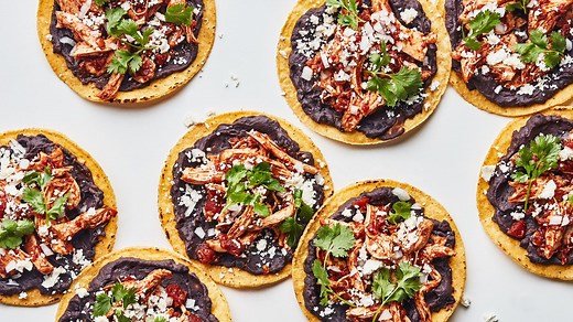 Chicken Tinga Tostadas With Bacony Black Beans