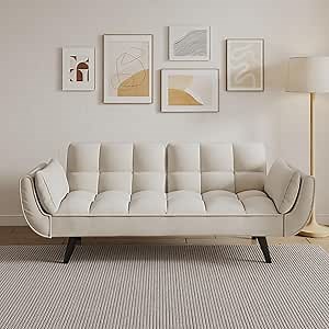 Velvet Futon Sofa Couch Bed with 2 Pillows, Convertible Folding Futon Couch with Adjustable Backrest, Love Seat Sleeper Sofa Bed for Small Spaces, Living Room, Office, Apartment (Beige)