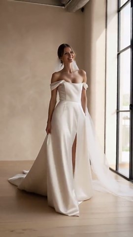 Elegant A-line Wedding Dress With High Slit, Short Sleeves Bridal Gown, Long Train Wedding Dress, Handmade Custom Bridal Dress - Etsy