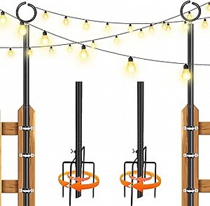 String Light Poles - 2 Pack 10.5FT Outdoor String Light Poles with Fork & Fixing Clips, Hanging Light Poles for Garden, Deck, Fence, Wall, Lighting Stand for Parties, Christmas, Wedding