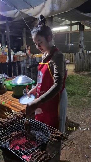 🇱🇦 Beautiful girl selling grilled pork in Nakai city #Lao girl