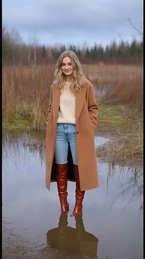 AI Blonde Woman in High Heel Overknee Boots Standing in Deep Water Puddle 💧 #boots #highheels #water