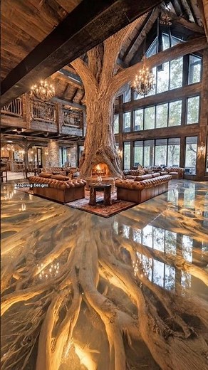 This epic tree fireplace is absolutely stunning! 🤯👏 #interiordesign #homedesign #rustic