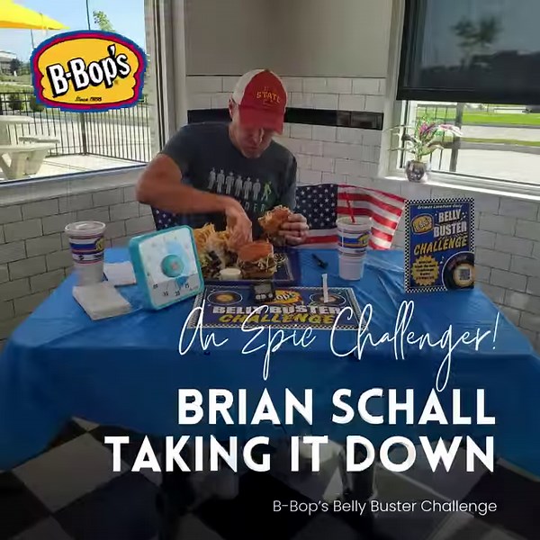 Last Tuesday afternoon, Brian Schall of Ankeny became the first person to successfully complete the Belly Buster Eating Challenge! Brian took down the 6400 calories in only 22:04, finishing it off in style by downing a 2oz shot of our famous ranch. Needless to say, Brian is now a Des Moines legend and will be carved into the Belly Buster Mount Rushmore for the rest of human history. Think you have what it takes to best Brian’s time? Sign up here to shoot your shot! https://b-bops.com/about-us/BB