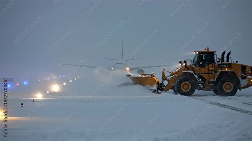 Nighttime Snow Clearing Operations at Airport Runway in Heavy Snowfall