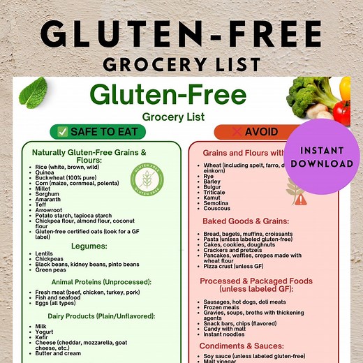 Gluten-free Grocery List Printable PDF | Celiac Food Guide | Gluten Intolerance Shopping List | Digital Download Meal Planner - Etsy