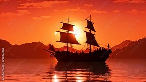 A pirate ship sailing across a body of water, navigating through the raging waves on a daring adventure, Silhouette of a Chinese junk boat against a sunset backdrop