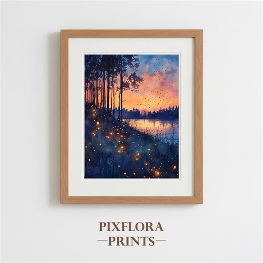 Firefly Landscape Painting – Cottagecore Dusk Scene, Lake Reflecting Sunset (printable Art) - Etsy