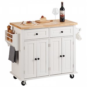 VEVOR Kitchen Island Cart with Solid Wood Top, 35.4" Width Mobile Carts with Storage Cabinet, Rolling Kitchen Table with Spice Rack, Towel Rack, and Drawer