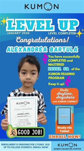 Congratulations, Alexandrea Bartula!🎉 You are moving up to Level 4A of the Kumon Reading Program. You did it! We are very proud of you!👏 🤗 | Kumon Gomez Calbayog Center