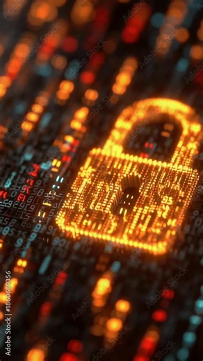 A computer screen shows a glowing lock symbol. The lock is surrounded by a series of numbers and letters, which could represent a password or a code. Concept of security and protection