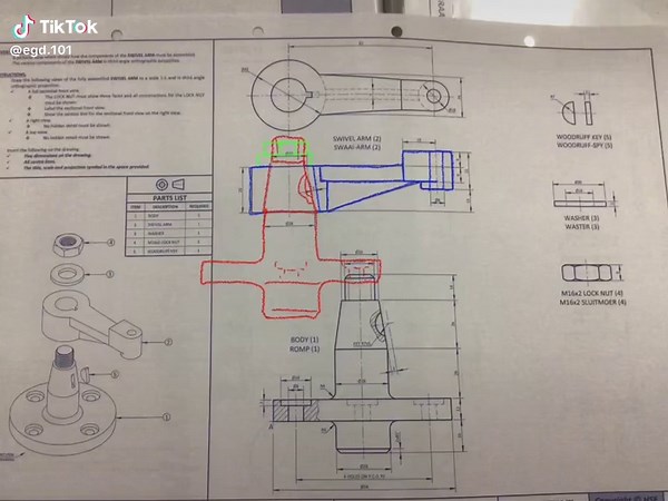 Remeber for mechanical assembly drawings , everything is in third angle . They all fit together . You can cheat . Use tracing paper to see it fit together . Hidden detail becomes solid and you section around it . You cant section a solid line or an empty space #egd#tips #tricks #drawing