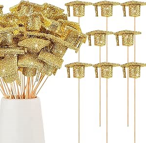 36 Pcs Graduation Decoration Class of 2026 Centerpieces for Table Glitter Grad Cap Stick for Graduation Party Supplies Decor(Gold)