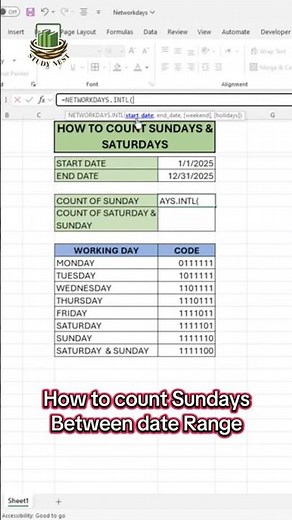 NETWORKDAYS.INTL in Excel | Count Working Days Excluding Saturday & Sunday | Study Nest