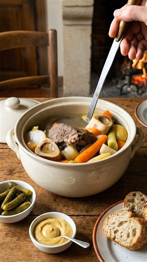 Pot-au-feu traditionnel Grand classique de la cuisine française, le pot-au-feu est un plat mijoté emblématique, simple et réconfortant, où la viande devient fondante et le bouillon riche en saveurs. Ingrédients (4 à 6 personnes) Viandes 800 g à 1 kg de bœuf à pot-au-feu (paleron, gîte, macreuse, plat de côtes) 1 os à moelle (facultatif) Légumes 4 carottes 3 poireaux 3 navets 4 pommes de terre 1 branche de céleri 1 oignon, piqué de 2 clous de girofle 1 gousse d’ail Aromates 1 bouquet garni (thym,