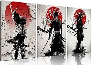 GXYARTB 3Pcs Japanese Canvas Wall Art Armored Samurai Pictures Ink Paintings Japanese art Character Prints Asian Cherry Blossom Posters for Room Office Bathroom Home Wall Decor Framed