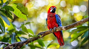 Brightly colored parrot perched on a branch in a lush forest