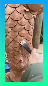 Carving detailed fish-scale patterns into solid wood using a chisel by hand #woodcarving