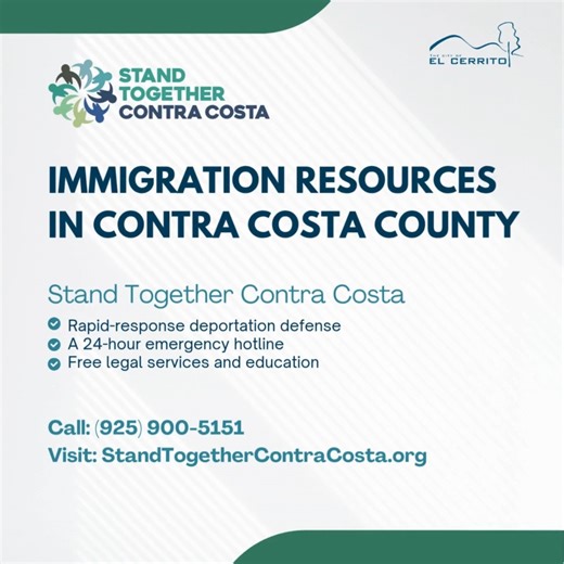 ‼️Immigration Resources in Contra Costa County ‼️ As a proud Sanctuary City, El Cerrito reaffirms its commitment to protecting the rights and dignity of all residents. By City Council resolution, our officials and employees, including law enforcement, are prohibited from participating in federal immigration enforcement actions. To further support our immigrant community, the Contra Costa County Board of Supervisors, in partnership with the philanthropic community, has launched and funded Stand T