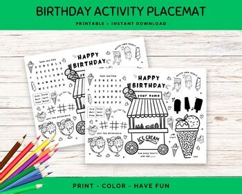 Birthday Activity placemat: Birthday Craft, Birthday Word Search, Classroom Kids