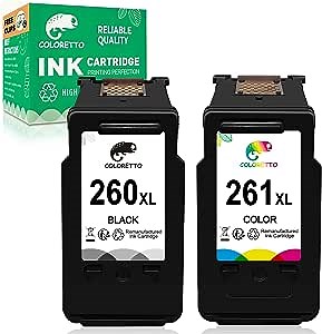 COLORETTO Remanufactured for Canon PG-260XL CL-261XL 260 261 XL Printer Ink Cartridges for PIXMA TS5320 TS6420 TR7020 All in One Wireless Printer High Yield Multipack（1Black,1Color