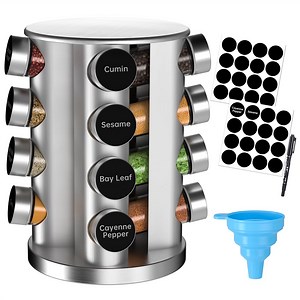 CshidWorld 16 Jars Revolving Spice Rack Organizer, Seasoning Spice Rack for Countertop/Cabinet/Kitchen Storage, Rotating Stainless Steel Spice Tower Organizer with 32 Spice Labels, 1 Pen and 1 Funnel