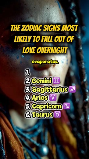 48K views · 705 reactions | The Zodiac Signs Most Likely to Fall Out of Love Overnight 6. Taurus, slow to fall, fast to leave. 5. Capricorn, shuts off like a switch. 4. Aries, gets bored instantly. 3. Sagittarius, freedom > feelings. 2. Gemini, emotionally evaporates. 1. Aquarius, detaches without warning. #astrology #astrologia #astrologysigns #astrologylover #astrologymemes #zodiacsignsbelike #zodiac #zodiaco #zodiacmemes #zodiacsign #zodiaclove | Zodiac Signs | Facebook